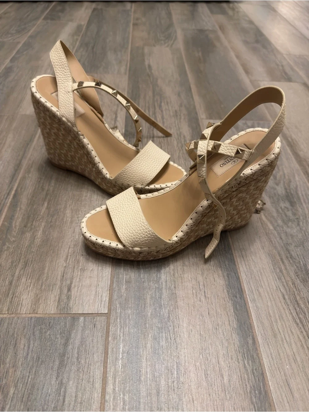 VALENTINO GARAVANI Rockstud 105 textured-leather espadrille wedge sandals
